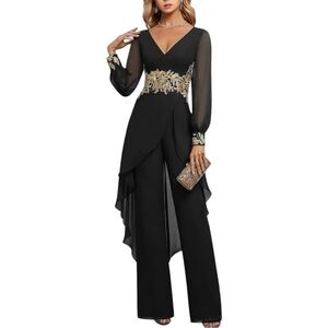 Black and Gold Appliqué 2 piece Pants suit set Semi Sheer Long Sleeves NWT Sz 10